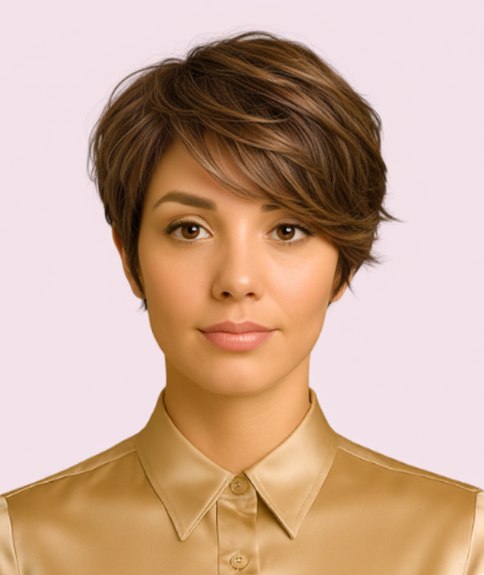 Brown hair in a modern pixie cut with layers