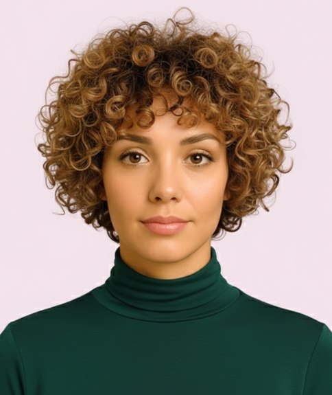 Neck-length curly bob with volume and a rounded silhouette