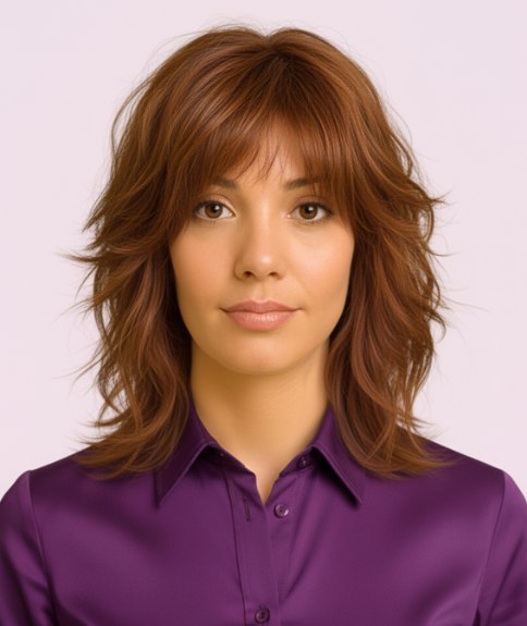 Shoulder-length shag hairstyle with face-framing layers