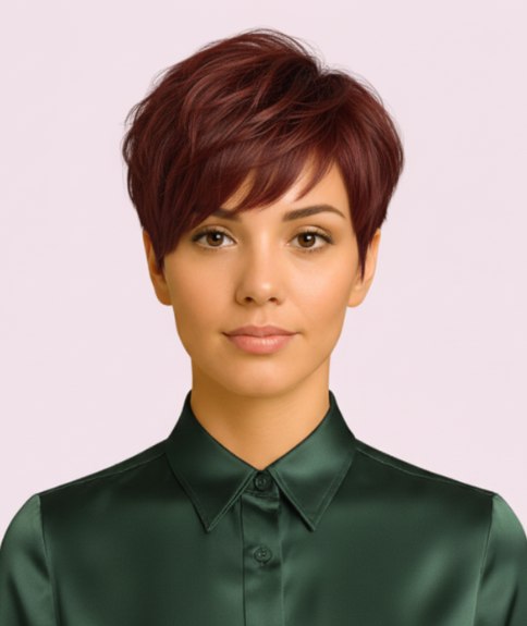 Brunette pixie cut with tapered sides and longer hair on top