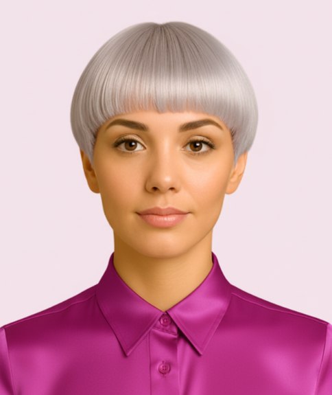 Platinum bowl cut with a blunt line across the forehead