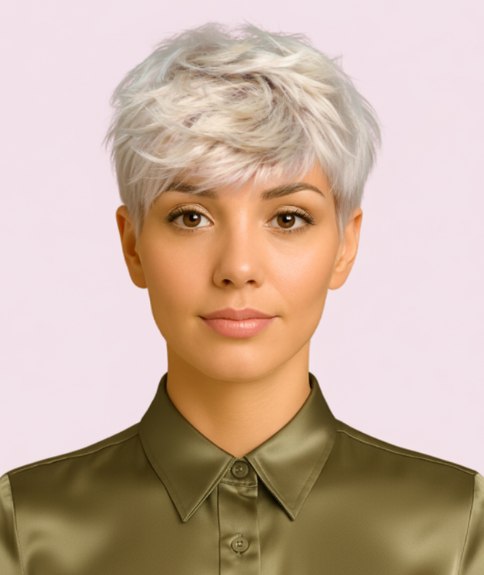 Platinum short hairstyle with layers and controlled chaos