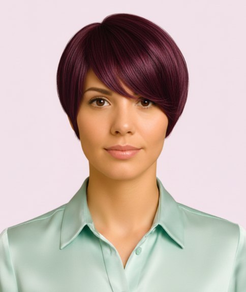 Bowl cut hair with a warm burgundy color
