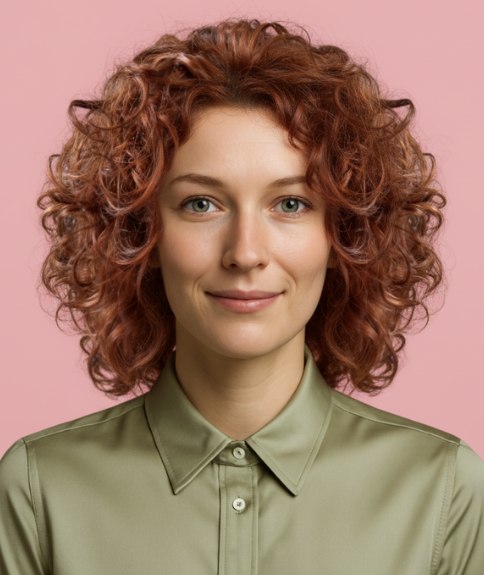 Hairstyle with romantic spiral curls and an auburn hair color
