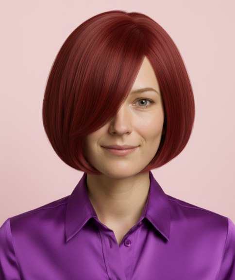 Sleek asymmetric bob with side-swept bangs and an auburn color