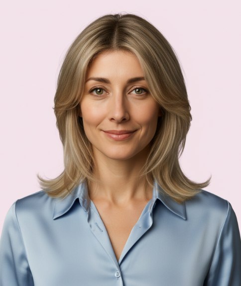 Layered shoulder-length hairstyle that feels feminine