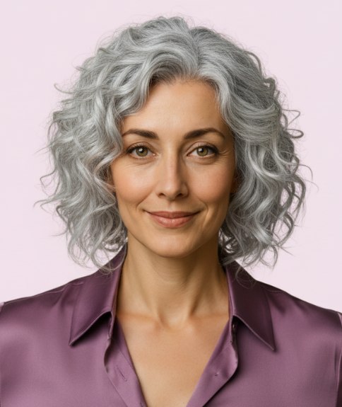 Collar length gray hair with layers and waves