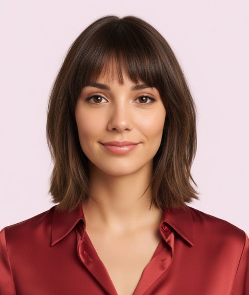 Semi-long hairstyle with layering and wispy bangs