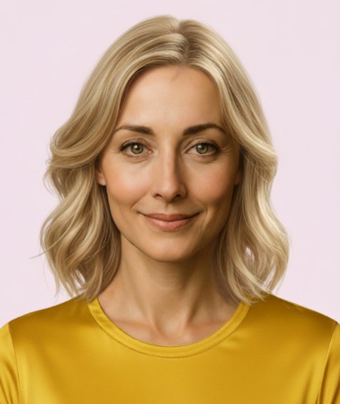 Multidimensional blonde semi-long hairstyle with a gentle wave