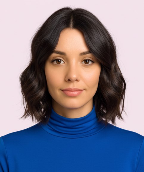 Nearly shoulder-length hairstyle with a glossy finish