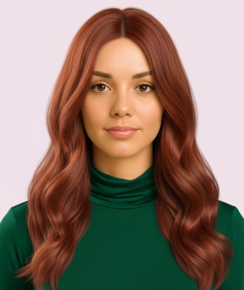 Long auburn hairstyle with layers and waves