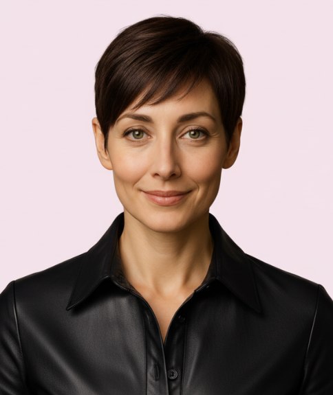 Pixie cut, short hair around the ears and longer on top