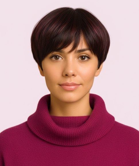 Bowl cut with a rounded silhouette that follows the curve of your head