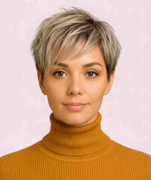 Pixie cut with a messy texture and blonde highlights
