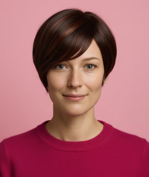 Pixie cut with a side-swept fringe that frames the face