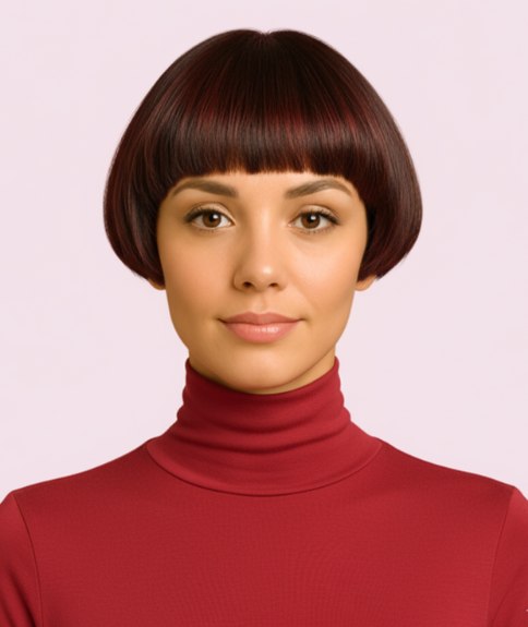 Bold bowl-cut hair with a rounded shape