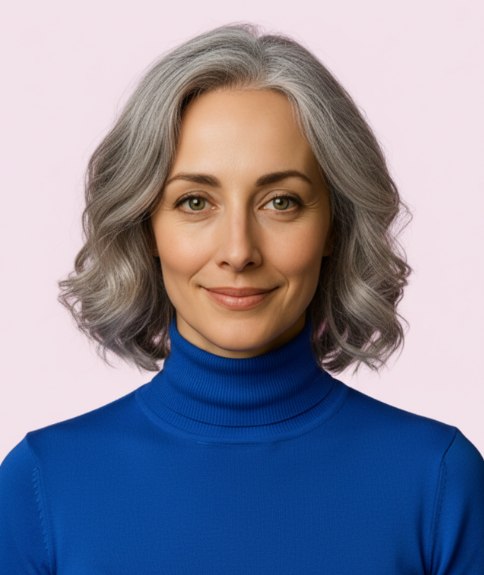 Wavy just above the shoulders bob for gray hair