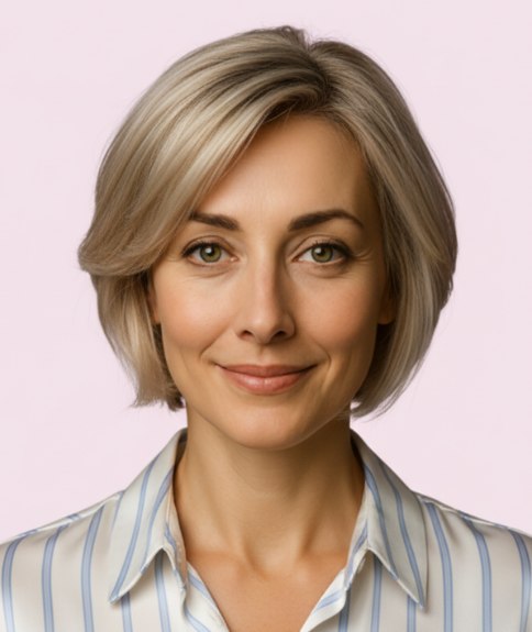 Well-cut bob at chin level and with a slightly shorter back