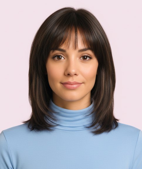 Shoulder-length shag cut hair with layers that start around the cheekbones