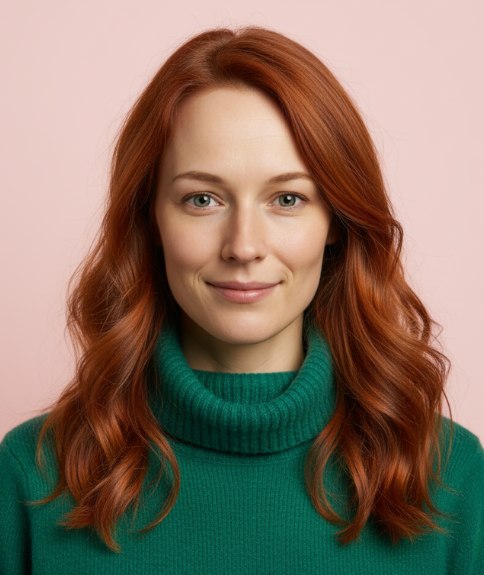Long copper-toned hair with flowing waves
