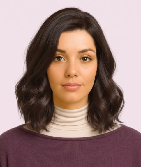 Hair with subtle layers that falls at shoulder level
