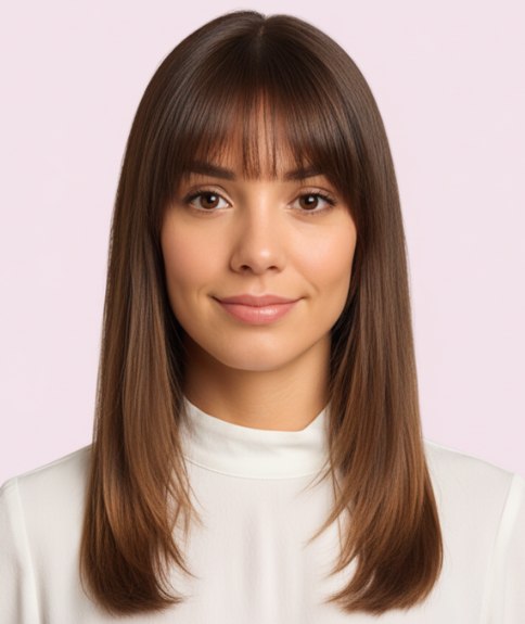 Straight long hairstyle with face-framing bangs and subtle layers