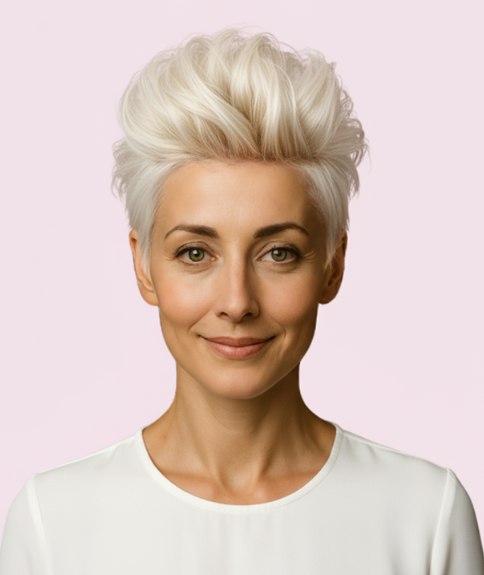 Platinum blonde pixie cut with the hair slicked back