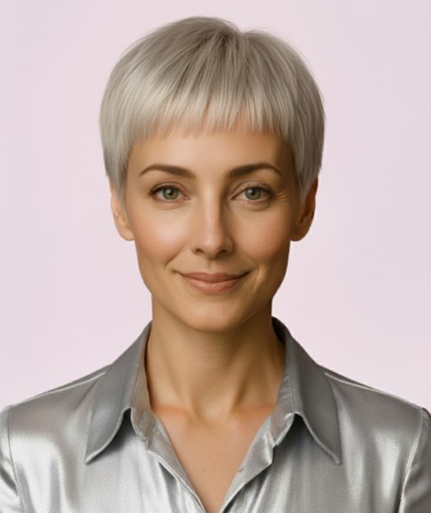 Edgy short pixie cut for silvery-blonde hair