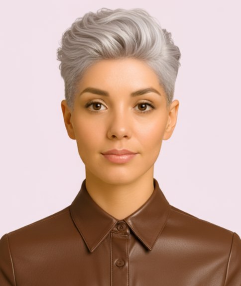 Pixie cut with shaved sides and voluminous waves on top