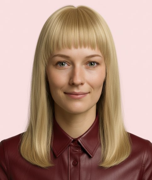 Long straight hairstyle with straight-across bangs and internal layering