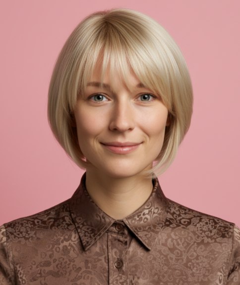 Blonde below the jawline bob with a fringe and a rounded silhouette