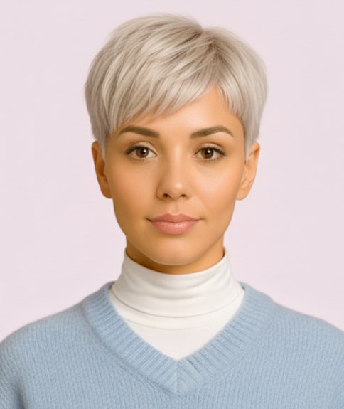 Platinum blonde pixie cut with layers that sweep across the forehead
