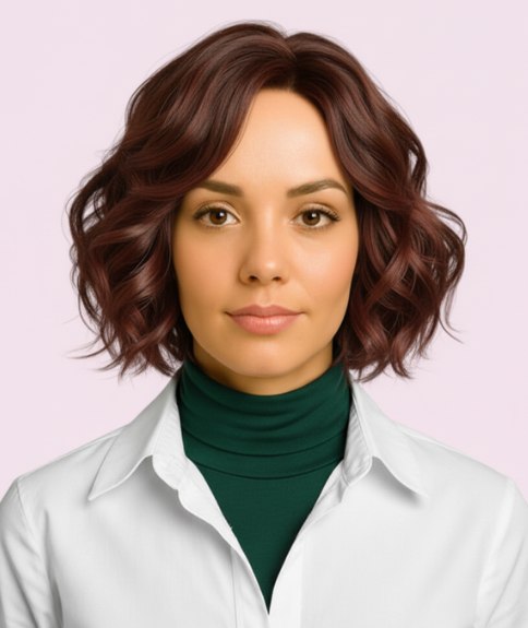 Chin-length chocolate-brown bob hairstyle with curls