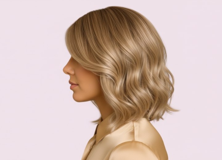 Side view wavy shoulder-skimming bob