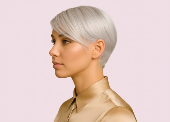 Platinum blonde hair in a short sleek style - Side view