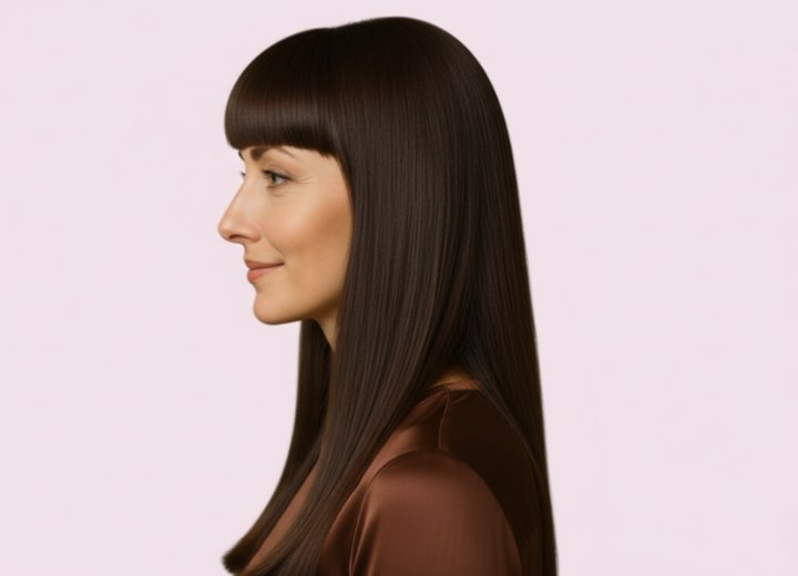 Long straight hair with a straight-across fringe - Side view