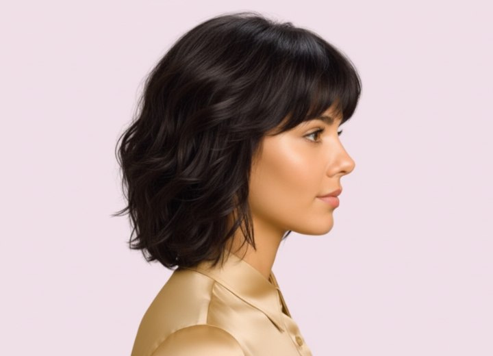 Choppy semi-long hair with bangs - Side view