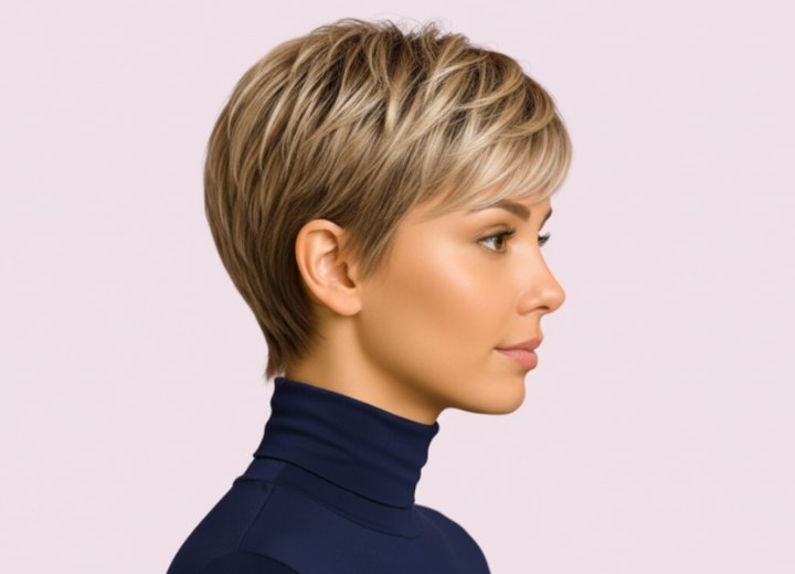 Blonde pixie with bangs - Side view