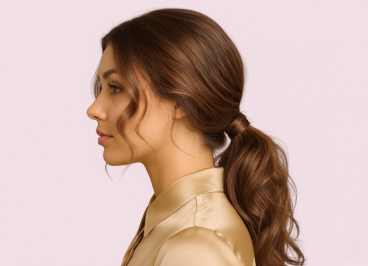 Hair styled up with a ponytail - Side view