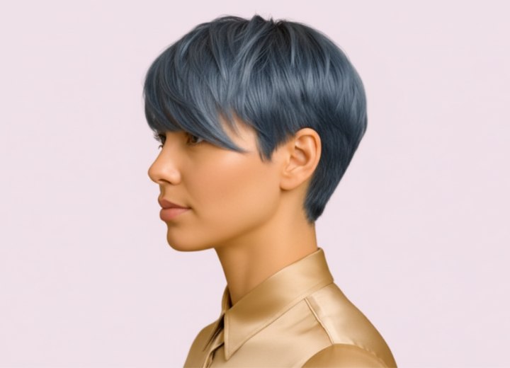 Short silver hair in a pixie cut style - Side view