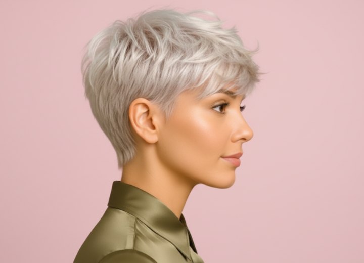 Short platinum blonde hair with a lived-in appeal - Side view