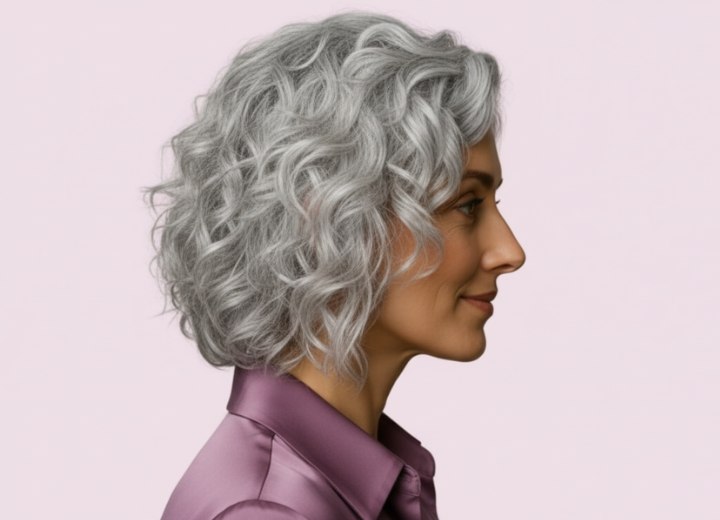 Wavy semi-long style for gray hair - Side view