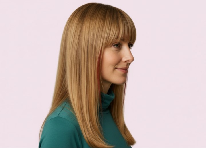 Long straight hair with layering and a fringe - Side view