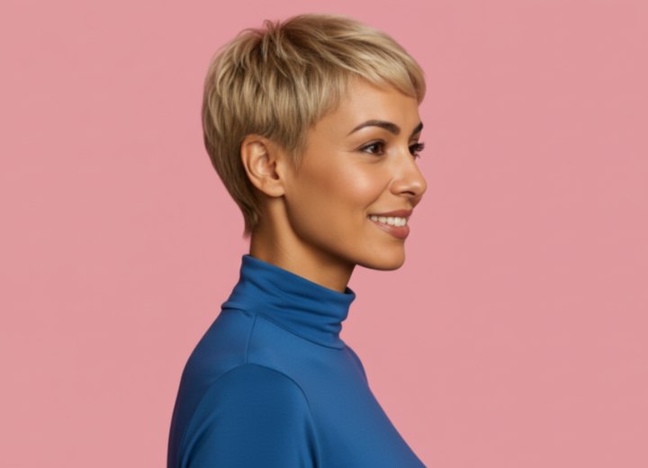 Bold pixie cut for blonde hair - Side view