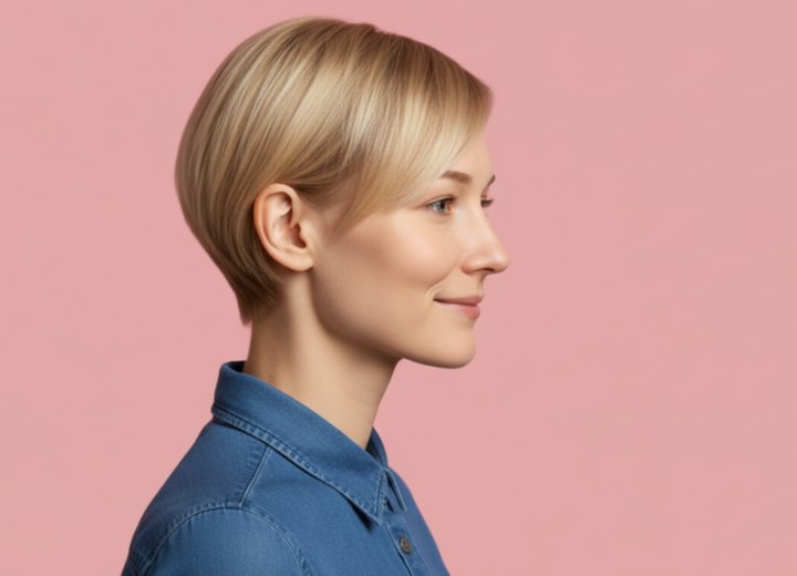 Short cut with a side part for straight hair - Side view