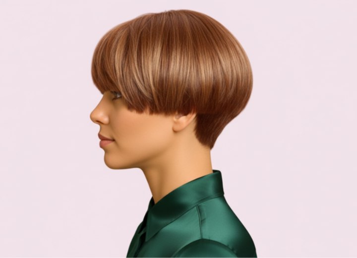 Very short bob with a curved cutting line - Side view