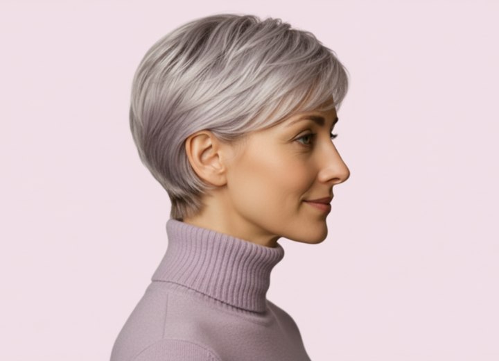 Short hairstyle for women with gray hair - Side view