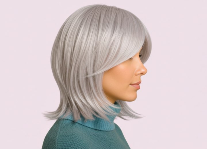 Medium-length style for platinum blonde hair - Side view