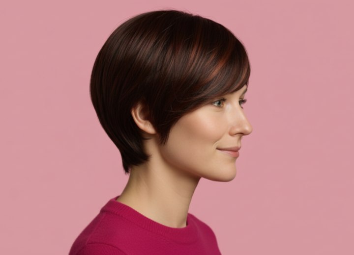 Feminine short hairstyle with side bangs - Side view