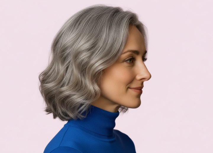 Semi-long hairstyle for women with gray hair - Side view